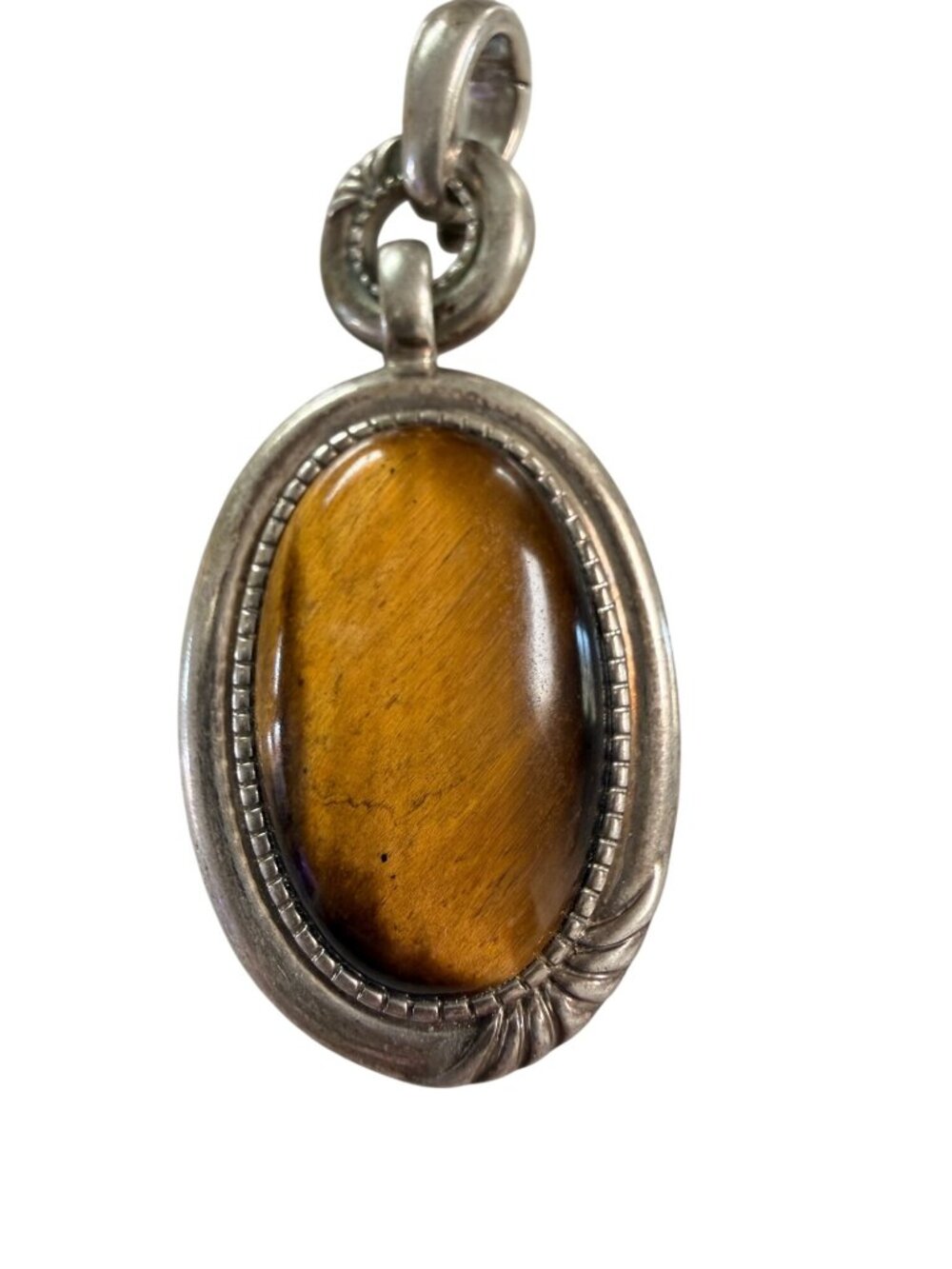 Tiger’s Eye Oval Pendant 1.5” Natural Stone Silver Beaded Frame Vintage Style